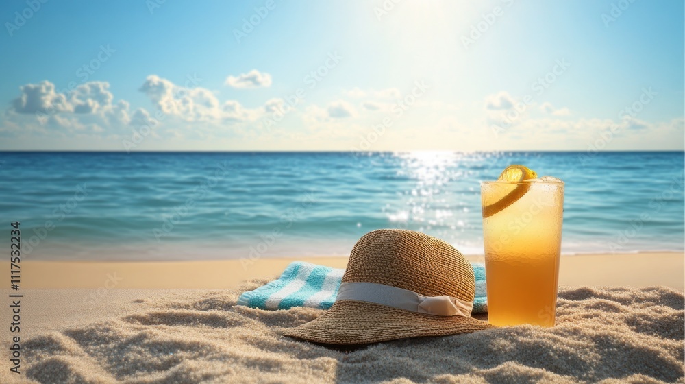 Beach scene with hat drink and towel on sand Beach scene with hat drink and towel on sand