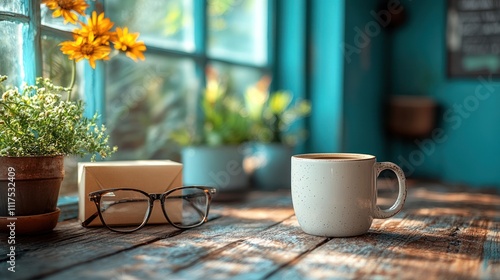 Coffee cup, eyeglasses, flowers, and envelope on rustic wooden table by sunny window.