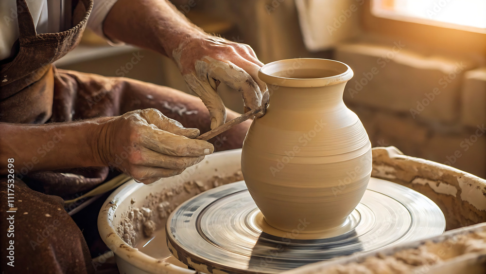 A potter shapes a decorative clay vase by hand in a warm workshop. The detailed carvings and natural light create an artistic and serene atmosphere.
A potter shapes a decorative clay vase by hand in a warm workshop. The detailed carvings and natural light create an artistic and serene atmosphere.