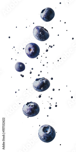 A vertical arrangement of fresh blueberries, showcasing their rich color and texture as they appear to be suspended in motion on white background , cut out.	