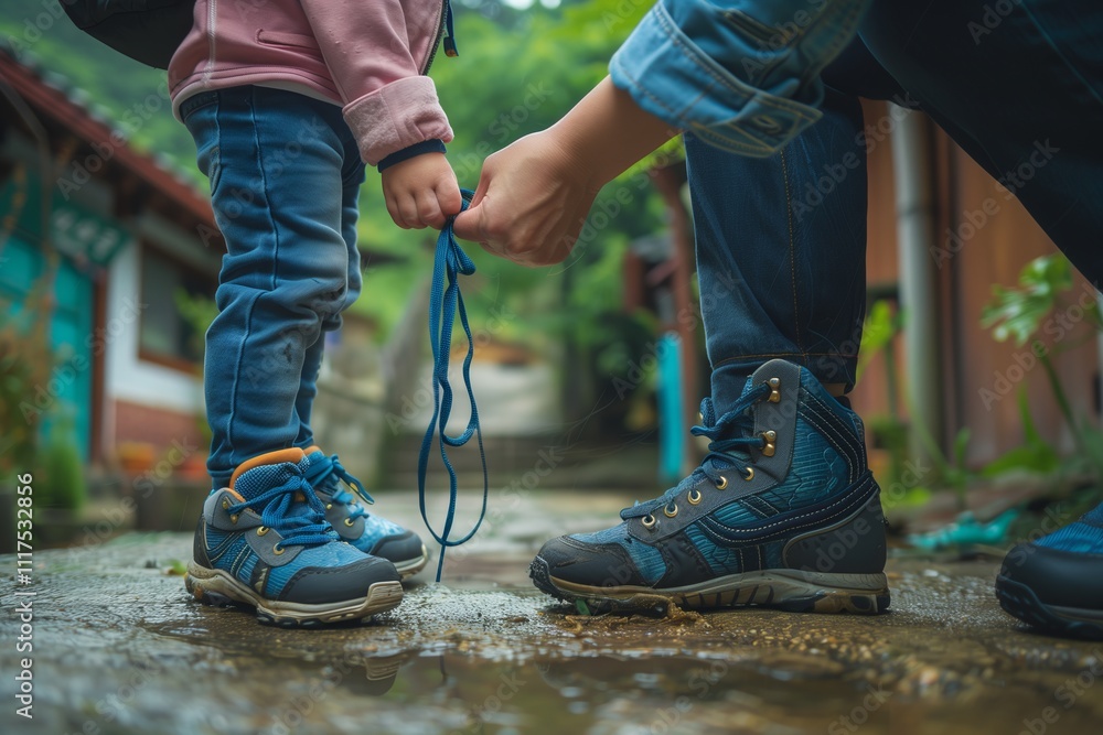 A parent helping a child with shoelaces on a rainy outdoor path, showcasing family bonds. A parent helping a child with shoelaces on a rainy outdoor path, showcasing family bonds.