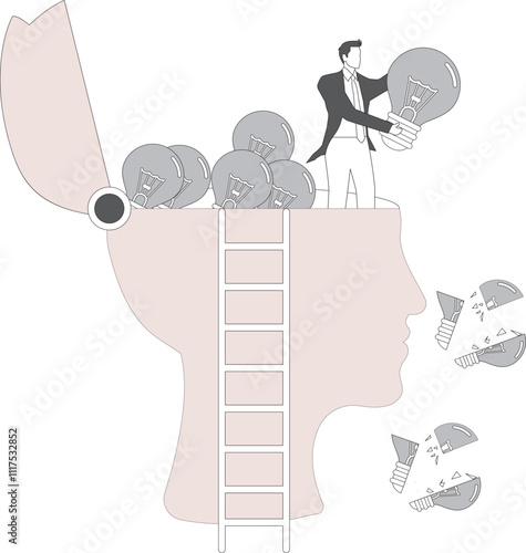 Cleaning out minds and brains, clearing out useless thoughts and ideas, increasing creative productivity, businessmen throwing gray useless light bulbs out from inside the big ones