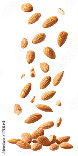 A cascade of almonds falling gracefully, showcasing their natural texture and shape on white background , cut out.	