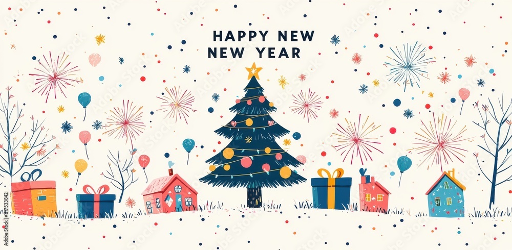Festive holiday scene with Christmas tree and fireworks illustration Festive holiday scene with Christmas tree and fireworks illustration