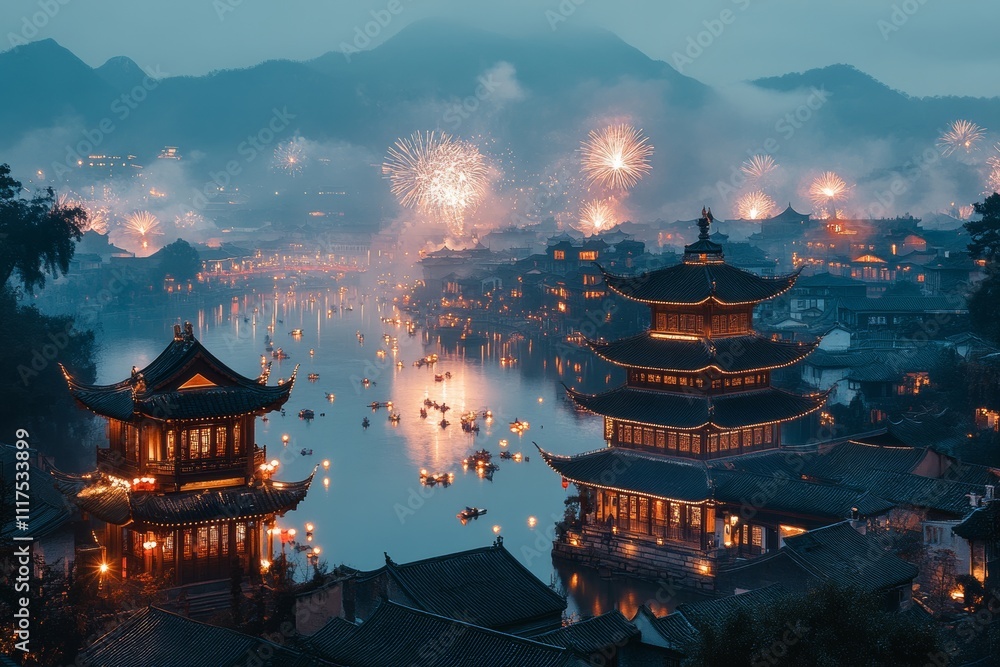 Obraz premium A stunning fireworks display in honour of Spring Festival Golden Week. Generative AI