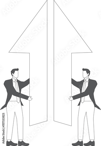 Concepts of cooperation and development, teamwork for mutual success, mergers and acquisitions, equidistant two businessmen standing next to each of the partial arrows