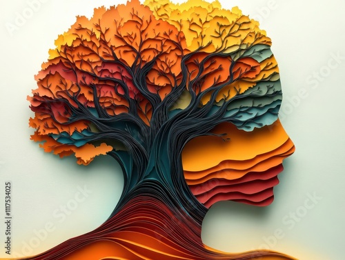 Depict a majestic tree emerging from a human silhouettes head in vibrant, earthy hues Convey mental wellness through a layered paper cutout design photo