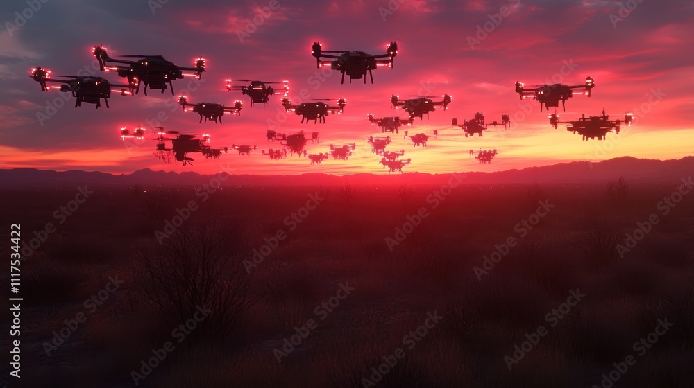 Drone Swarm Flying Over Desert Sunset Landscape Drone Swarm Flying Over Desert Sunset Landscape