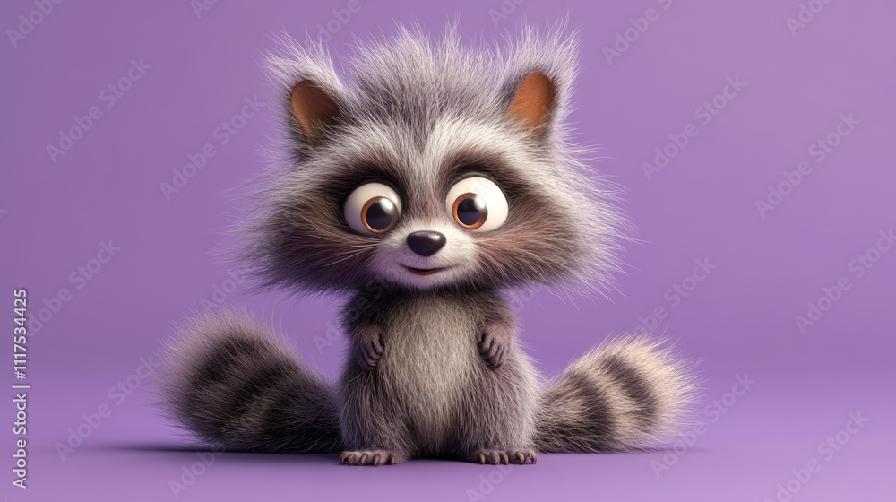 Adorable Cartoon Raccoon Sitting On Purple Background Adorable Cartoon Raccoon Sitting On Purple Background