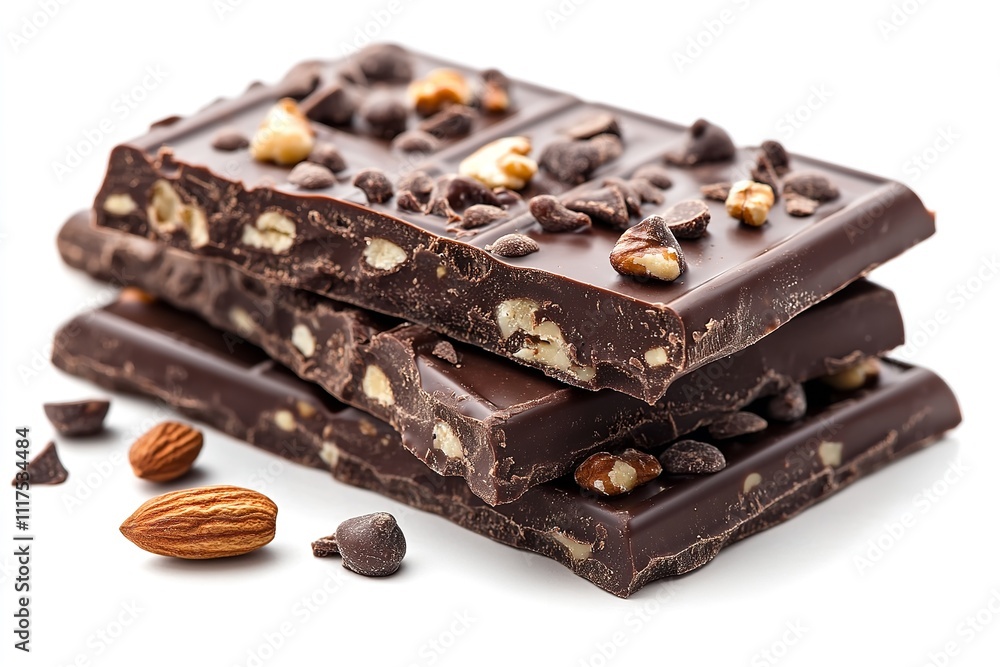 Superior grade nutty chocolate bars isolated against a white backdrop. Generative Ai Superior grade nutty chocolate bars isolated against a white backdrop. Generative Ai