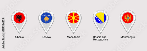 Balkans flags map pins isolated icons vector illustration. Albania, Bosnia and Herzegovina, Montenegro, Kosovo, Macedonia states location point signs. Official symbols stickers set