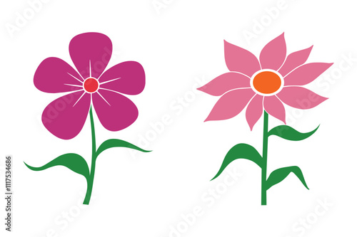 Pink flower set vector illustration isolated on white background.