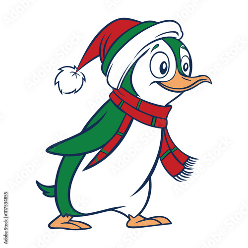 Penguin wearing a Santa Claus hat and scarf vector art illustration isolated on white background.