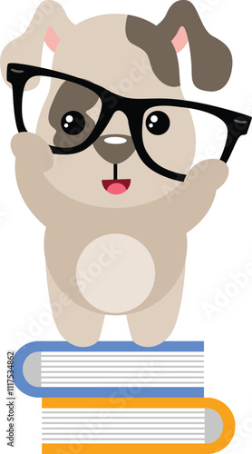 Puppy student holding glasses on top of books
