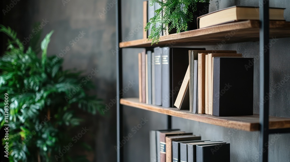 Wooden Bookshelf With Books And Plants