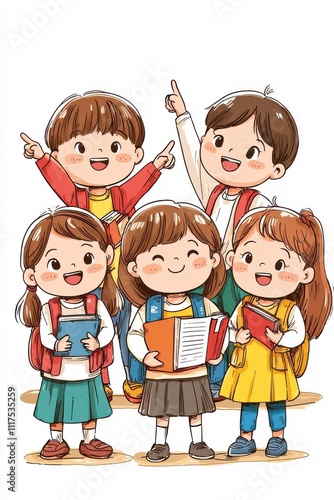 Group of cheerful children standing together holding books and backpacks