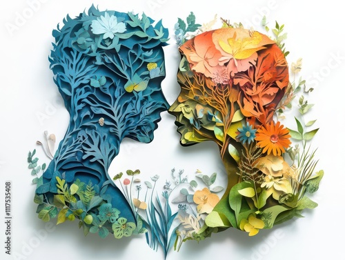 Render a mesmerizing paper cutout collage of intertwined human silhouettes filled with vibrant nature textures photo