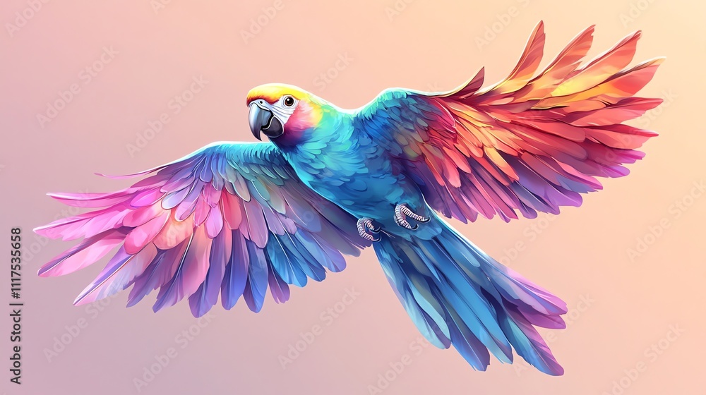 Obraz premium A vibrant, colorful parrot in flight against a soft gradient background.