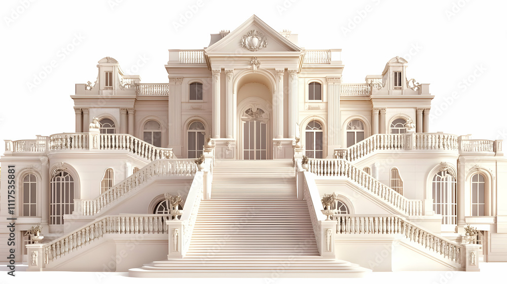 Fototapeta premium A grand, ornate mansion with multiple staircases and balconies, showcasing architectural elegance.