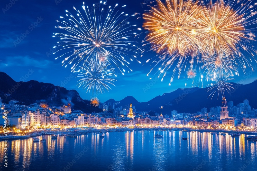 A stunning fireworks display in honour of Spring Festival Golden Week. Generative AI A stunning fireworks display in honour of Spring Festival Golden Week. Generative AI
