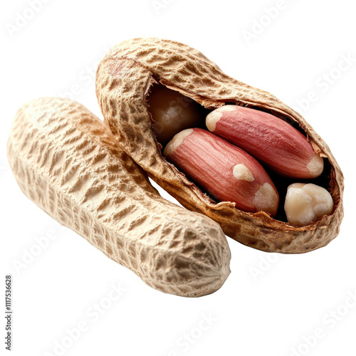 A close-up of raw peanuts in their shells, showcasing the textured exterior and the pinkish inner seeds on white background , cut out.	 photo