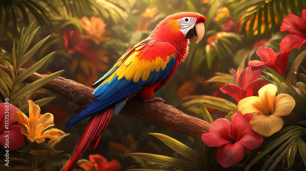 Obraz premium A vibrant parrot perched on a branch surrounded by colorful tropical flowers.