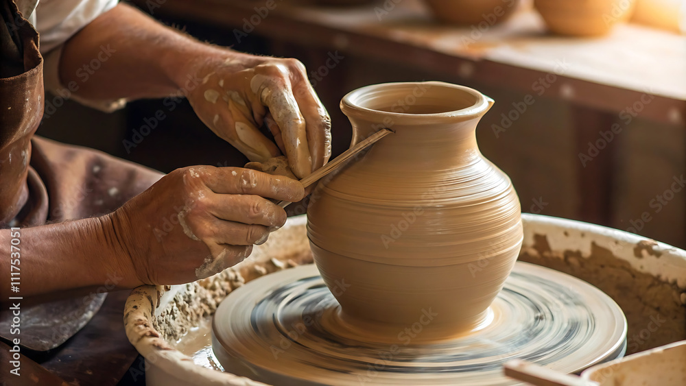 A potter shapes a decorative clay vase by hand in a warm workshop. The detailed carvings and natural light create an artistic and serene atmosphere.
A potter shapes a decorative clay vase by hand in a warm workshop. The detailed carvings and natural light create an artistic and serene atmosphere.