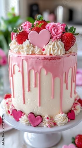 Delicious pink drip cake decorated with strawberries, heart-shaped candies, and delicate pink frosting. photo