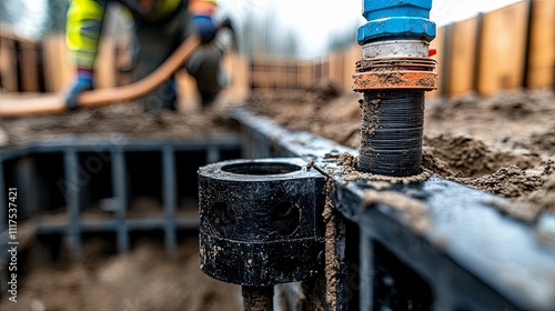 Construction worker installing pipe in foundation photo