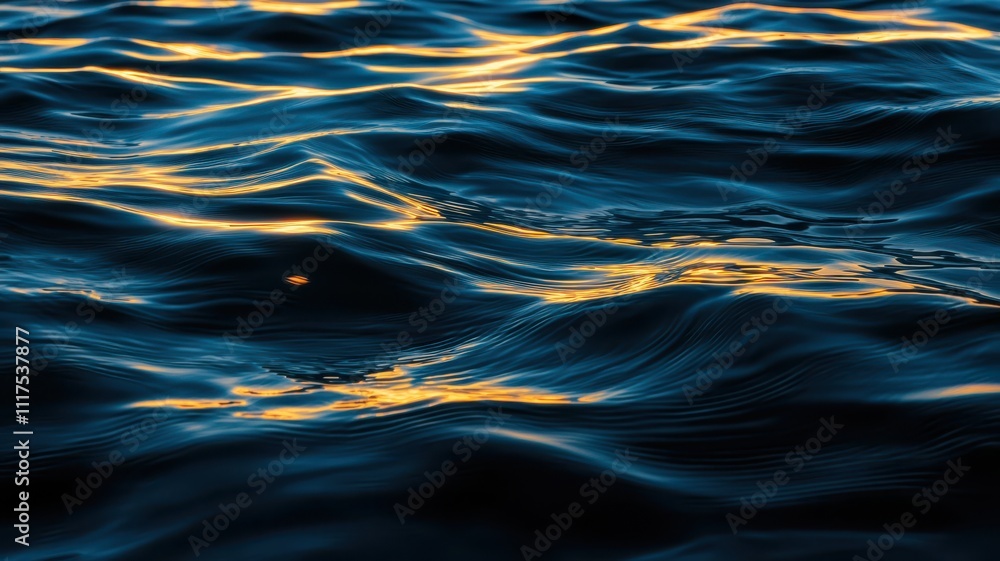 The image depicts a calm water surface reflecting golden light, creating a serene and tranquil atmosphere. The image depicts a calm water surface reflecting golden light, creating a serene and tranquil atmosphere.