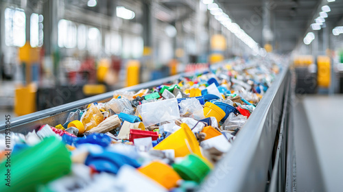 Wallpaper Mural A conveyor belt filled with colorful plastic waste in a recycling facility. Torontodigital.ca