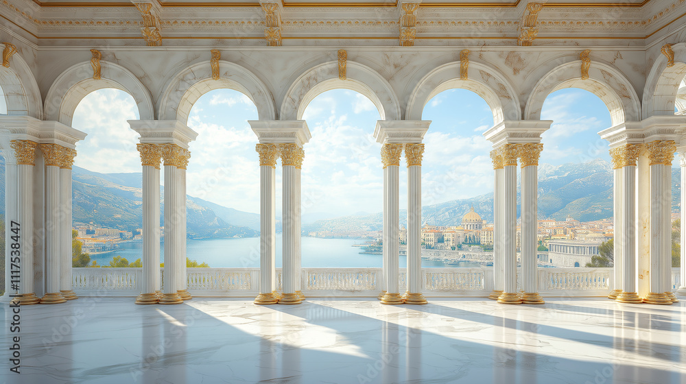 Fototapeta premium Beautiful white marble palace hall with golden columns and arched windows overlooking the city