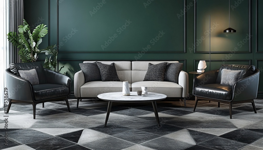 Fototapeta premium Modern monochrome living room design in black, white, and gray tones, showcasing stylish interior decor, comfort, and real estate lifestyle.