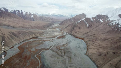 Drone view of kizilsu or qizilsu river red river valley in sunny day near Kashgar, Southern Xinjiang, China. Aerial landscape of snow mountains on Pamir plateau, 4k real time footage, travel concept. photo