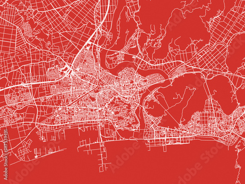 Christmas Map of Ishinomaki, Japan in Snowy White on Festive Red Background. photo