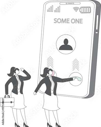 The businesswoman who rejects calls, telephone harassment, telephone advertising and marketing, and other spacing troubles presses the reject caller