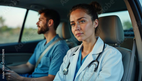 Tired and upset woman doctor in car, overwhelmed caregiver after hard work day in clinic, sitting in automobile and cry