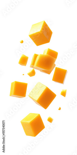 A scattering of yellow cheese cubes in various sizes, creating a playful and dynamic composition on white background , cut out. 