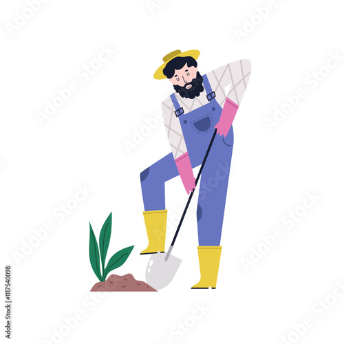 Illustrated scene with a farmer growing a plant. Gardening, farming, garden-themed design.