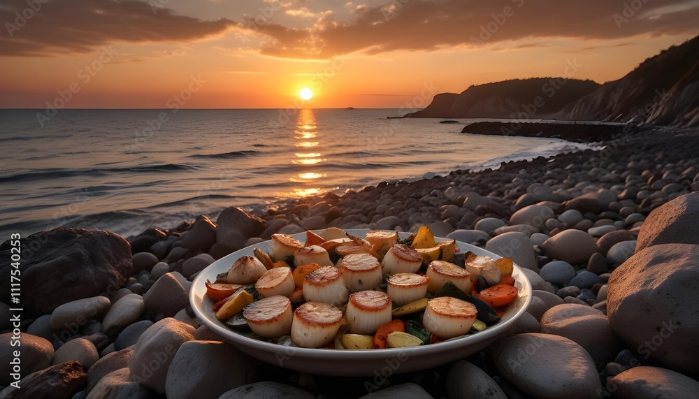 Obraz premium A platter of seared scallops and roasted vegetables on a rocky beach at sunset
