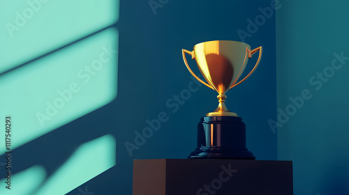 Golden trophy displayed on a pedestal against a vibrant blue wall during afternoon light