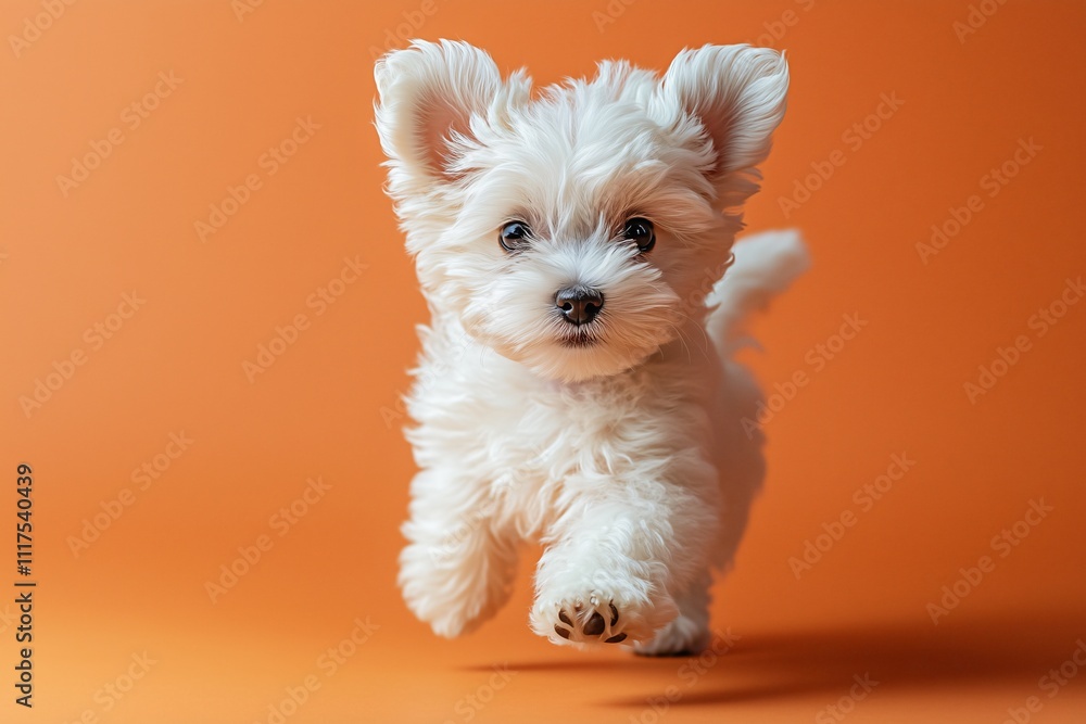 a cute fluffy white puppy running and jumping towards a cute fluffy white puppy running and jumping towards