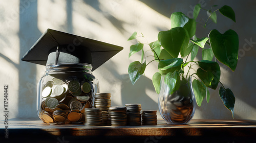Saving money in a jar with a graduation cap showcasing financial goals and education aspirations