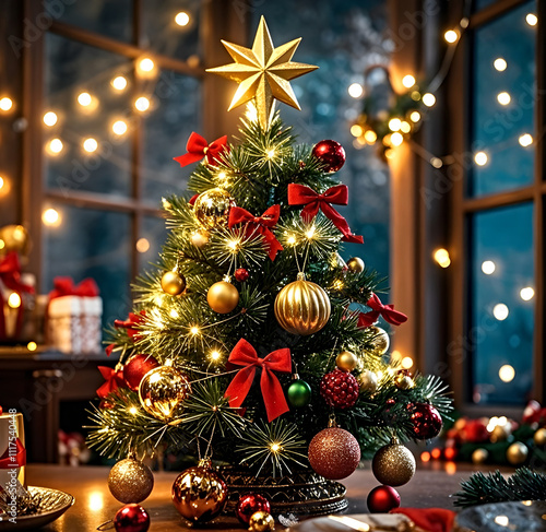 Christmas tree with gifts, decorations, baubles, and presents.