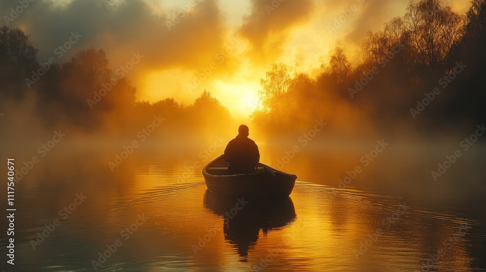 Solitary figure in a small boat on a misty lake at sunrise. Solitary figure in a small boat on a misty lake at sunrise.