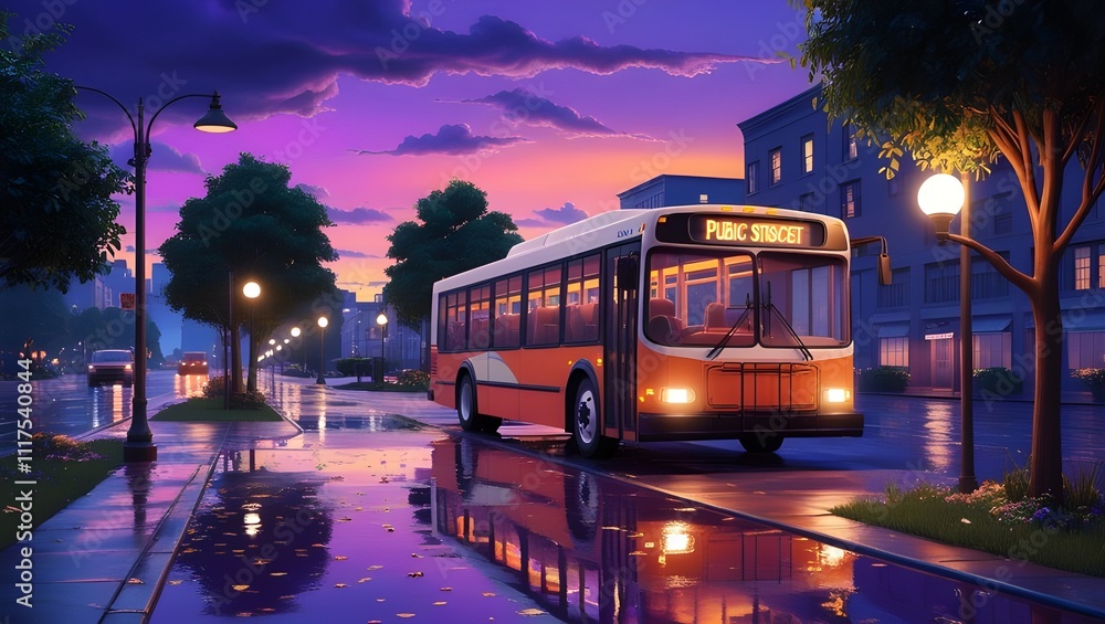 Obraz premium Serene Evening Urban Street with Purple-Orange Sunset, Reflective Sidewalk, and Peaceful Nostalgic Vibe