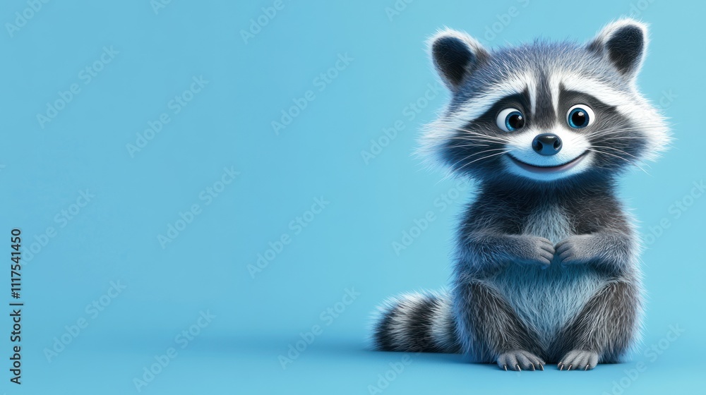 A cheerful cartoon raccoon sits against a blue background A cheerful cartoon raccoon sits against a blue background