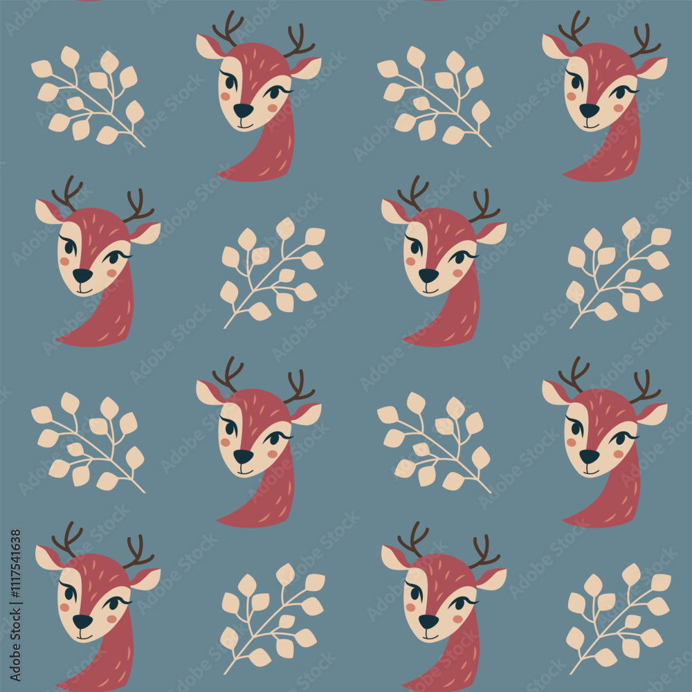 Winter wallpaper with cute cartoon animals and tree branches. Swamless texture for textile with fawns and leaves. Repeat winter ornament. Winter wallpaper with cute cartoon animals and tree branches. Swamless texture for textile with fawns and leaves. Repeat winter ornament.