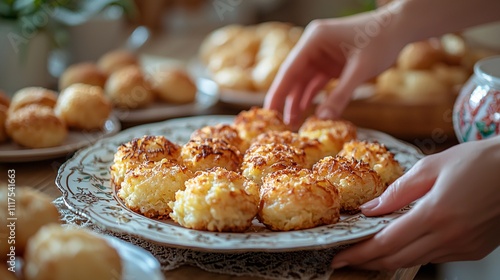 Festive Hanukkah Family Meal: Close-up of Hands Gathering Around Table with Traditional Latkes and Sufganiyot Spread, Softly Blurred Background photo