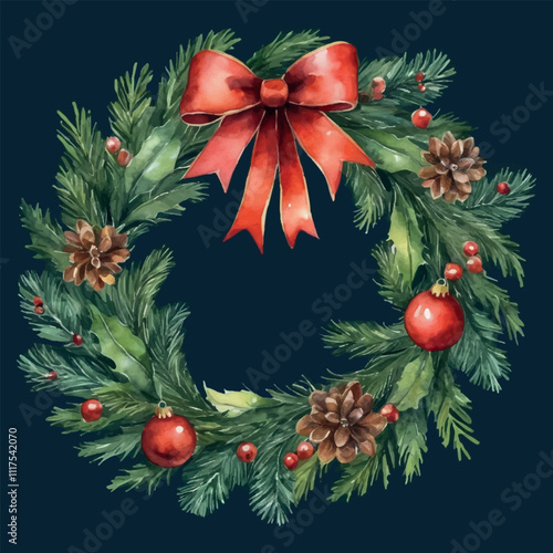Watercolor Christmas Wreath with Dark Background. New Year Vector Illustration.